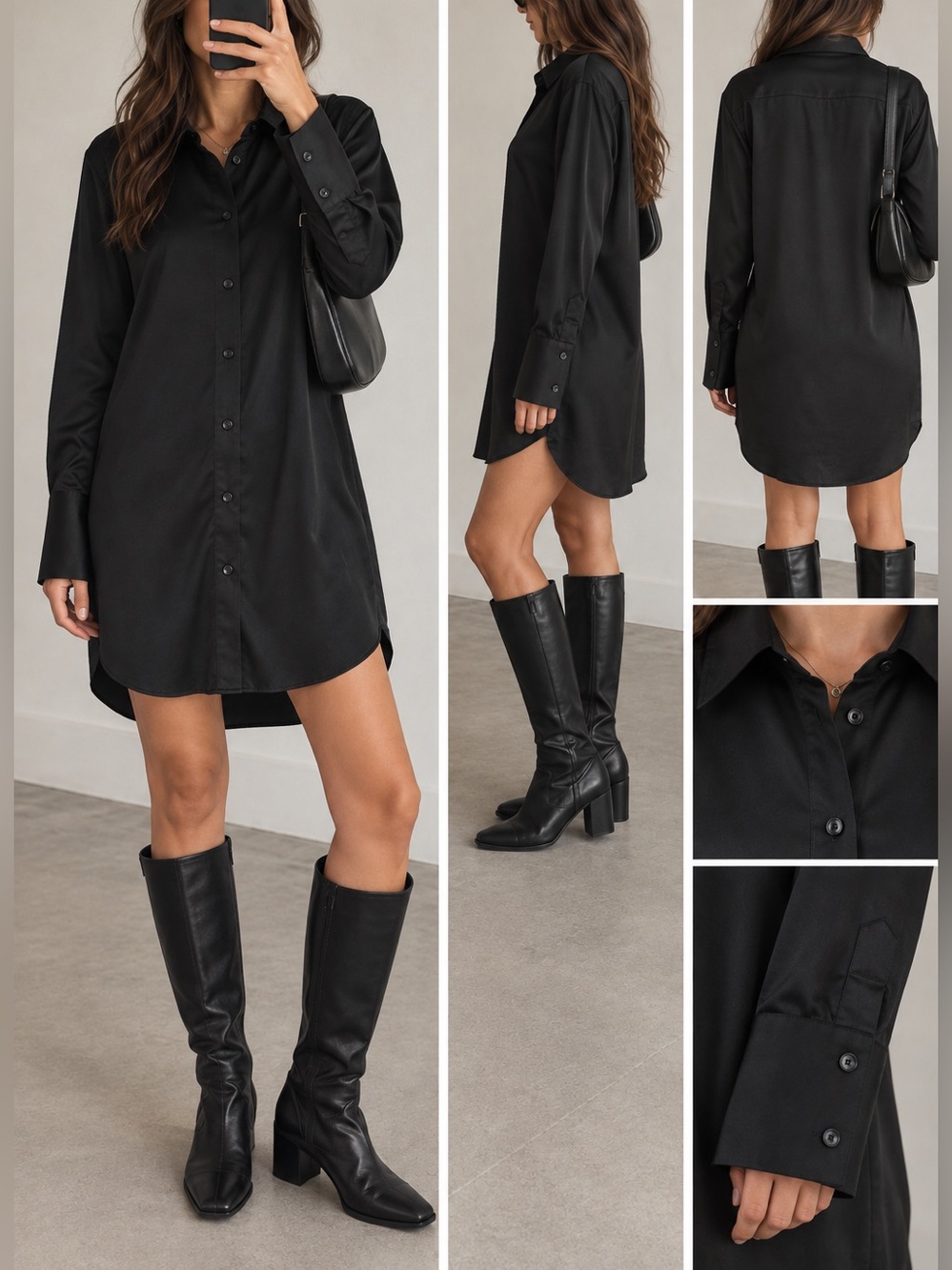 NWT H&M Black Satin Shirt Dress M Oversized High Low Button Down Minimalist